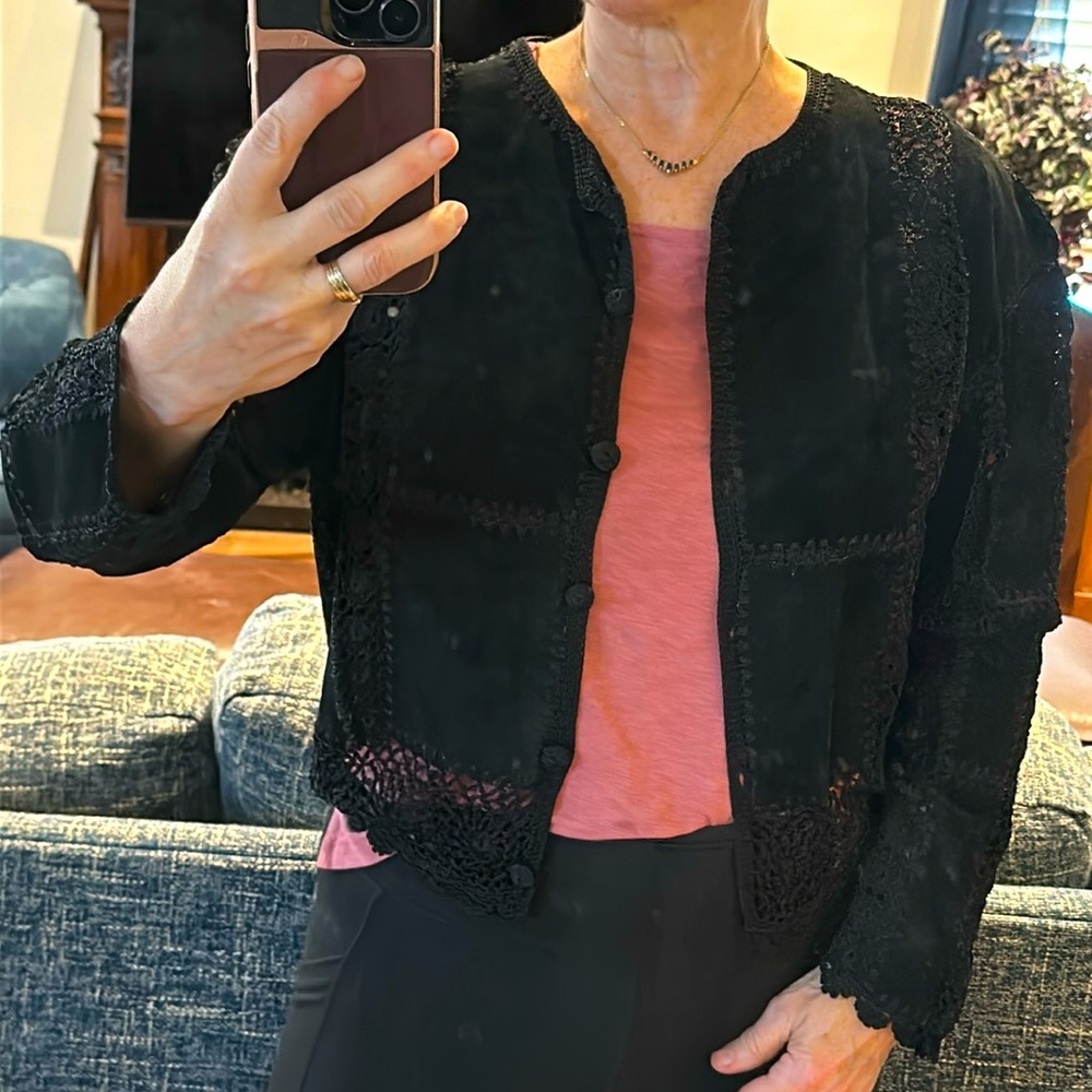 Gorgeous suede and crochet jacket. Feminine, cool, vintage and priced for you!